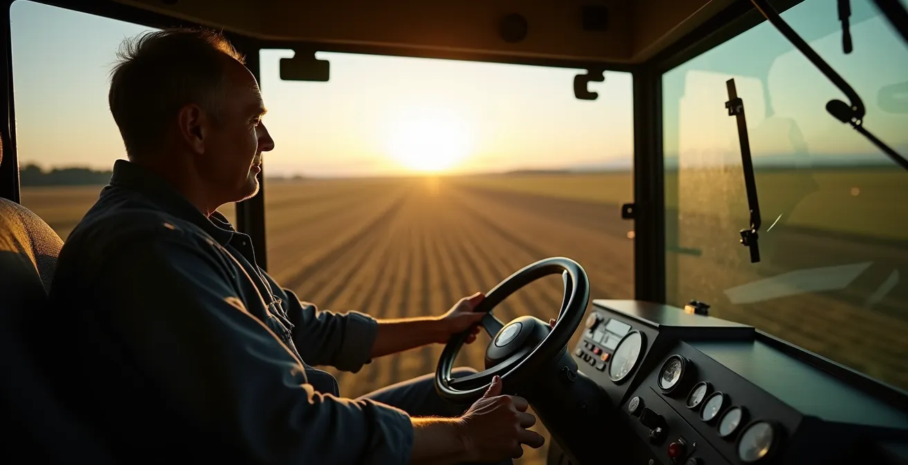 Vue depuis l'intérieur d'une cabine de tracteur moderne avec équipements technologiques