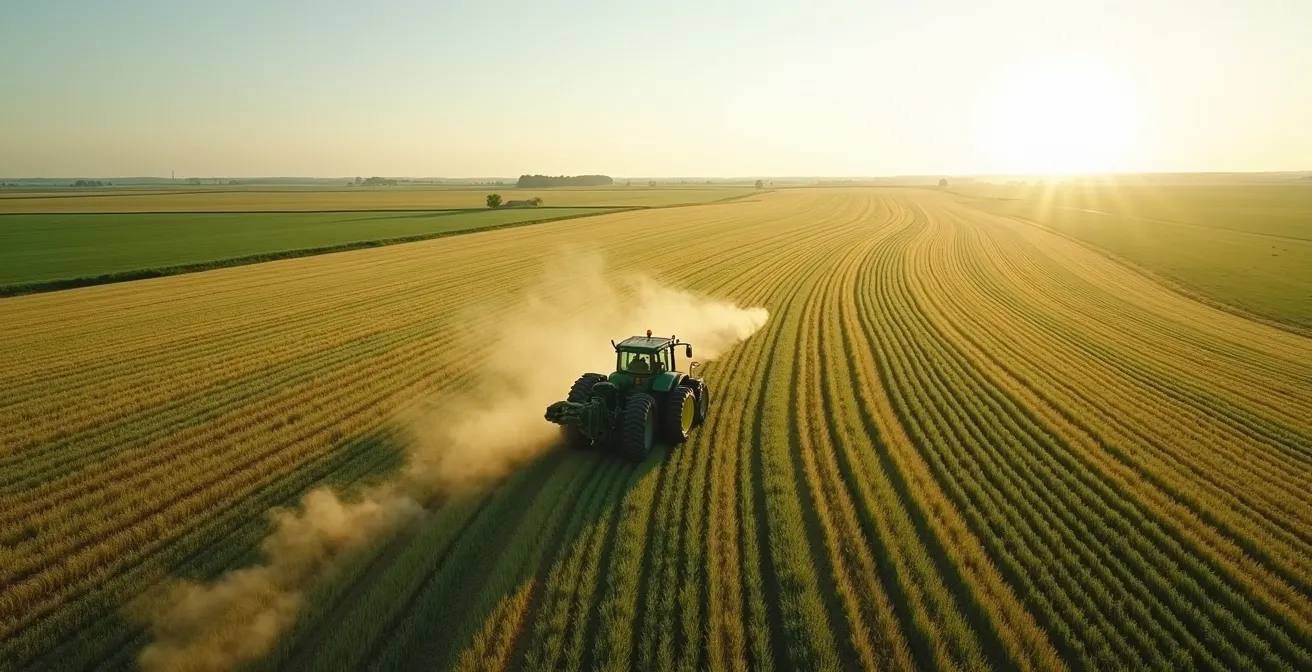 Vue aérienne d'un champ agricole avec des lignes de culture formant des motifs géométriques