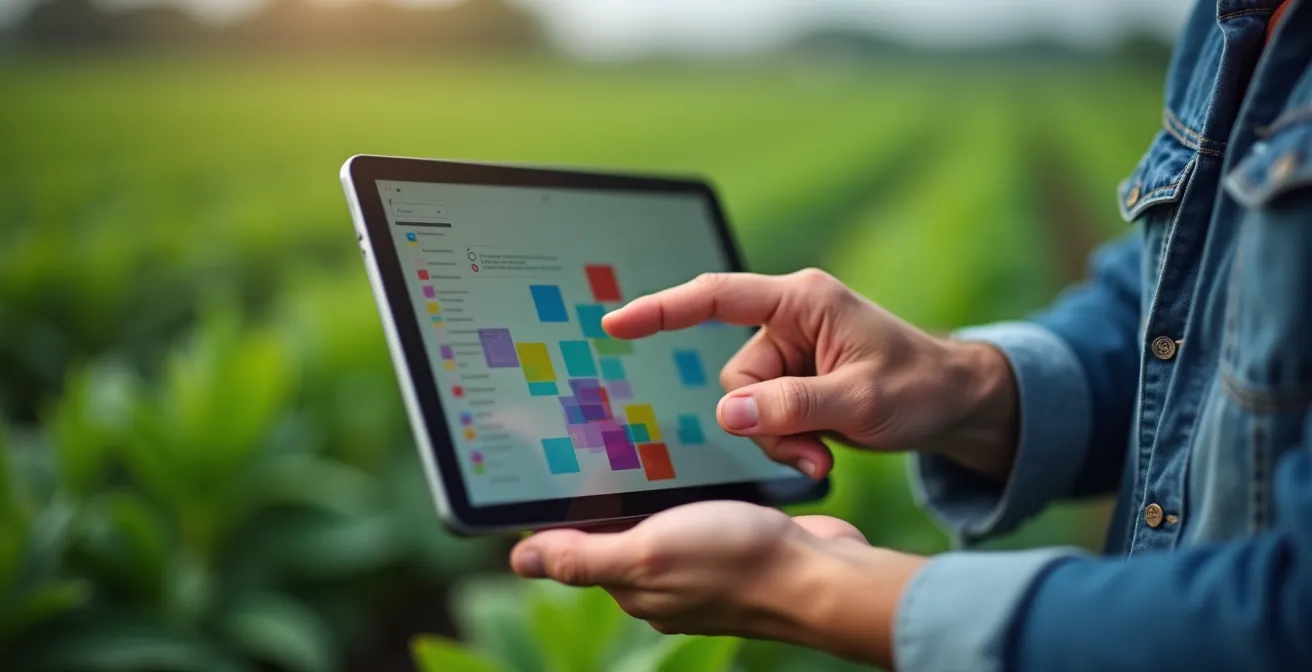 Formateur accompagnant un agriculteur sur le terrain avec une tablette numérique