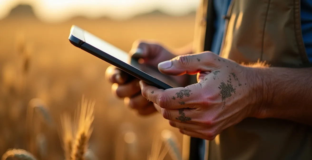 Gros plan sur les mains d'un agriculteur tenant une tablette dans un champ