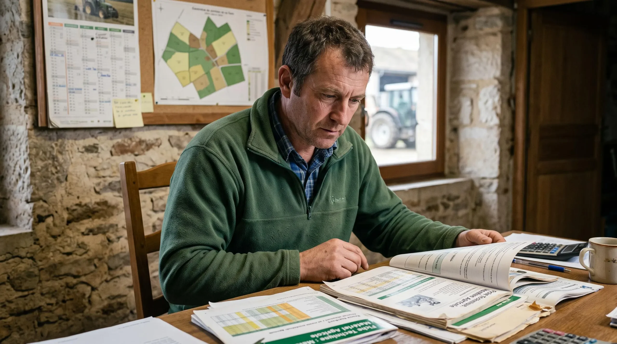Agriculteur d'environ 45 ans en vêtements de travail contemporains, assis à son bureau dans un environnement d'exploitation agricole, consultant attentivement des brochures techniques et fiches de matériel agricole, regard dirigé vers les documents.