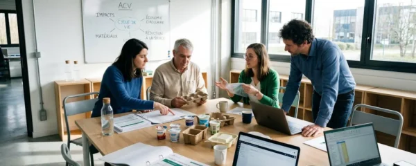 Atelier collaboratif d'écoconception dans une entreprise agroalimentaire française : équipe de responsables RSE et qualité travaillant autour d'une table avec échantillons de produits, prototypes d'emballages et documents d'analyse de cycle de vie