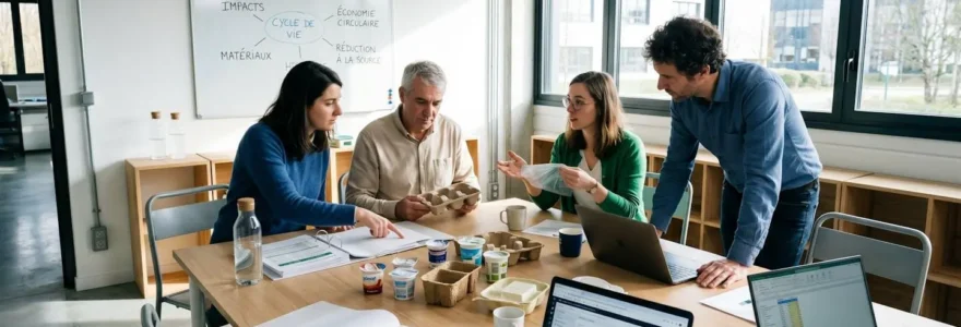 Atelier collaboratif d'écoconception dans une entreprise agroalimentaire française : équipe de responsables RSE et qualité travaillant autour d'une table avec échantillons de produits, prototypes d'emballages et documents d'analyse de cycle de vie
