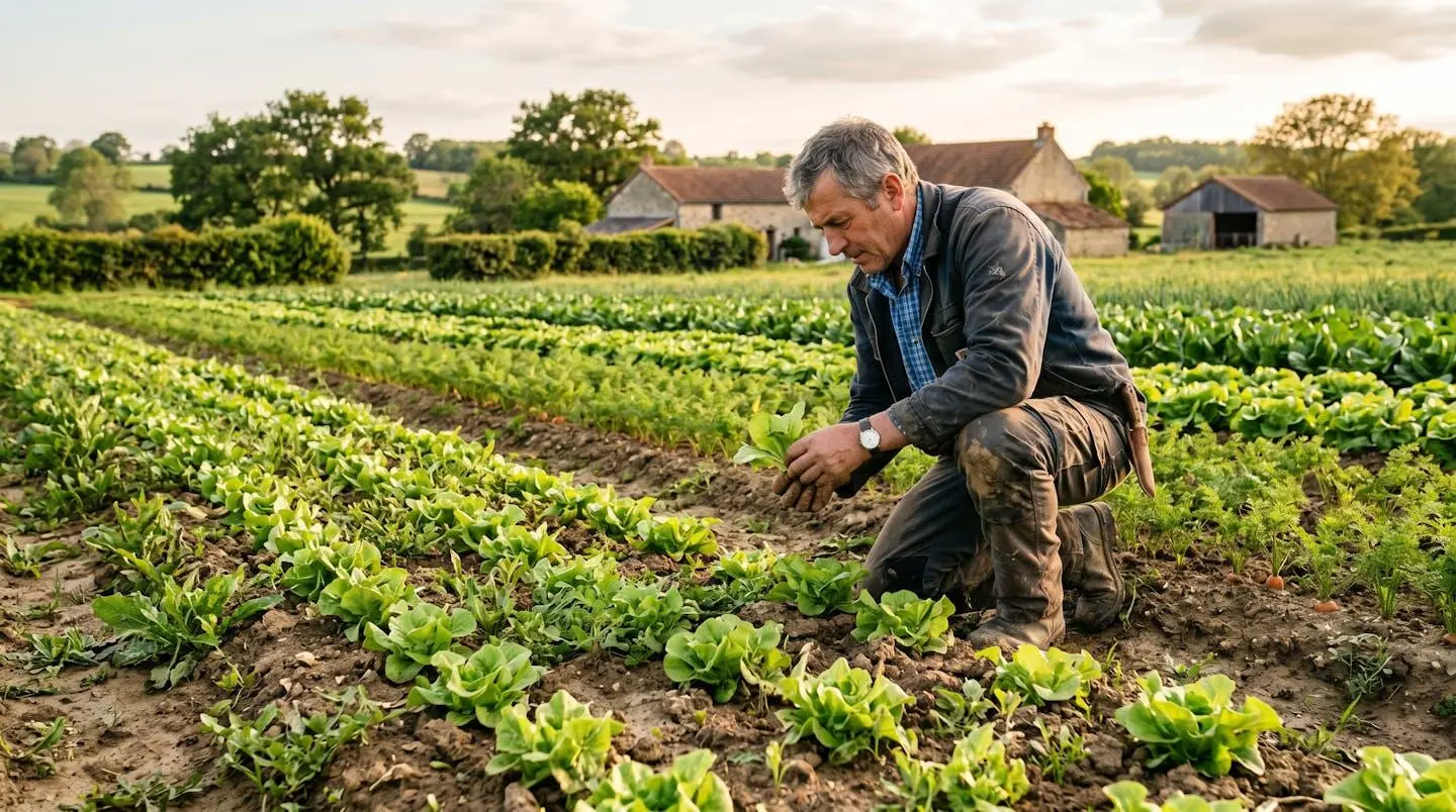 Champ cultivé de légumes en rangées dans une exploitation agricole française, première étape du cycle de vie des produits agroalimentaires