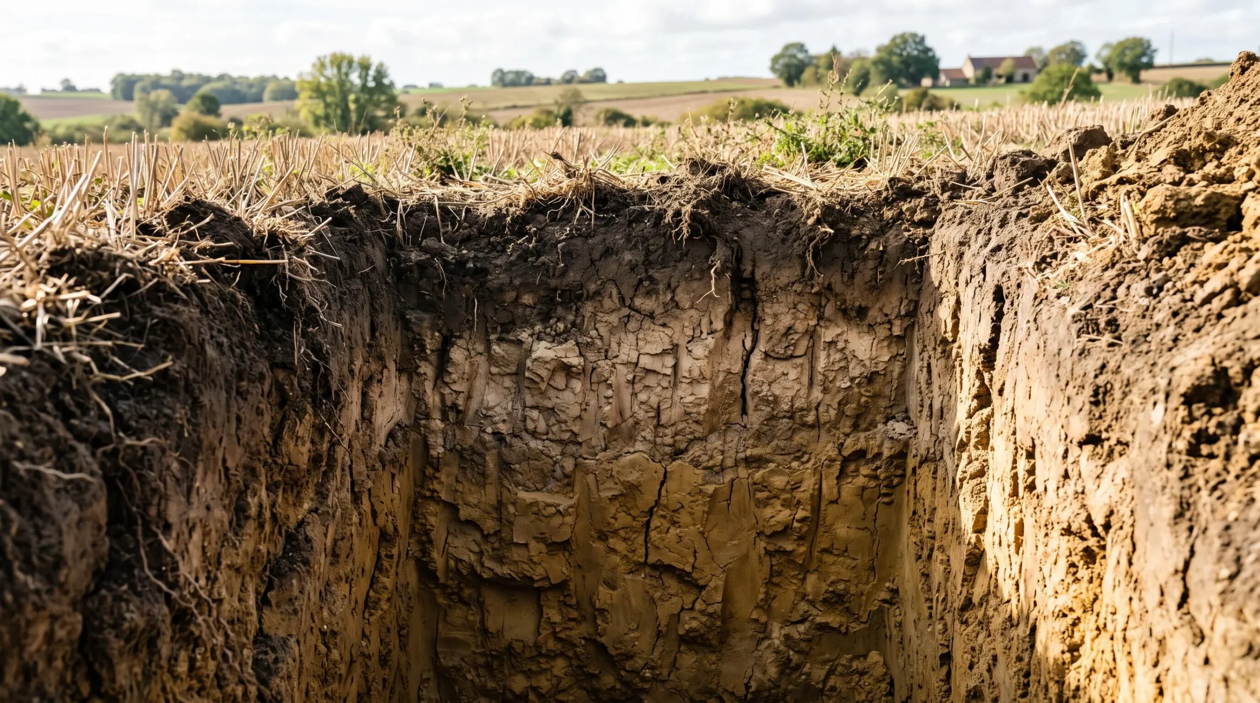 Coupe verticale d'un profil de sol agricole montrant les horizons distincts (couche arable brune foncée, couche intermédiaire, sous-sol) avec fissures verticales préservant la structure naturelle, éclairée par lumière rasante naturelle.