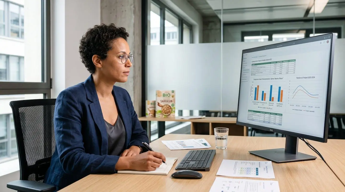Ingénieur environnement analysant des données d'analyse de cycle de vie multi-critères (carbone, eau, biodiversité) sur écran d'ordinateur dans un bureau d'entreprise agroalimentaire