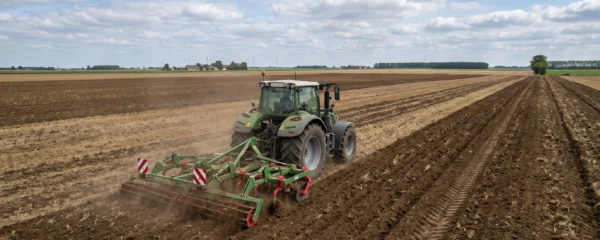 Tracteur moderne tirant un outil de travail du sol en action dans une parcelle de grande culture, laissant des traces de fissuration verticale nettes dans la terre brune, sous un ciel partiellement nuageux de plaine céréalière française.