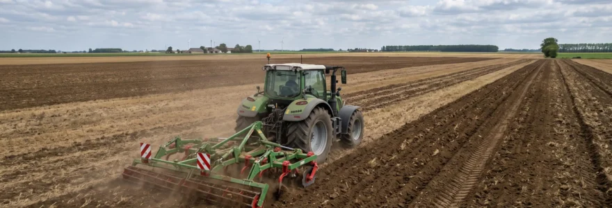 Tracteur moderne tirant un outil de travail du sol en action dans une parcelle de grande culture, laissant des traces de fissuration verticale nettes dans la terre brune, sous un ciel partiellement nuageux de plaine céréalière française.